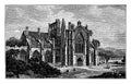 Melrose Abbey Ruins, a Gothic-style abbey in Melrose, vintage engraving