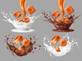 Melt caramel splashes. Realistic toffees pieces with milk and chocolate taste, flying liquid droplets, sweet mix candies