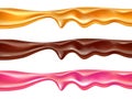 Melt color caramel borders. Realistic candy viscous mass, fluid sweet smudges, donuts pink sugar glaze, chocolate