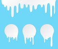 Melt drip and circle milk labels. Vector set liquid drops icons for graffiti blob stickers. White liquid or melted Royalty Free Stock Photo