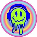 Melt Smile. 60s, 70s, psychedelic music concept. Cool single musical emoticon with headphones. Sticker. Streetwear