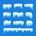 Melt snow, blue frozen water, icicles collection. Winter decoration, new year decor. Isolated objects set, vector