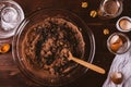 Melted chocolate and cocoa powder mixed Royalty Free Stock Photo