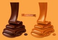 Melted chocolate and pouring caramel sauce 3d vector objects. Food illustration