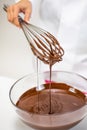 Melted chocolate pouring from whisk chocolatier makes luxurious handmade candies