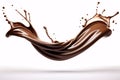 Melted chocolate splash, tasty chocolate wave floating in mid air isolated on white background, close up shot, food background. Royalty Free Stock Photo