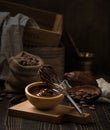 Melted chocolate in wooden bowl Royalty Free Stock Photo