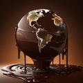 Melted chocolate world map on brown background. 3D illustration Royalty Free Stock Photo