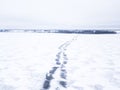 Melted snowmobile tracks on a frozen lake. Royalty Free Stock Photo