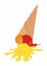 Melted ice cream in a cone. Spreads. Isolated on white background. ice cream upside down.