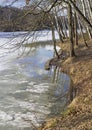 Melted ice near the shore of the pond