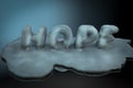 Melted ice in the shape of hope demonstrating lost hope concept. 3D illustration.