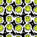 Melted smile faces, trippy seamless pattern. Retro hippie psychedelic distorted smile. Smile face vector wallpaper