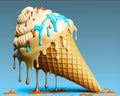 Melted vanilla ice cream in waffle cone on blue background. Generative AI Royalty Free Stock Photo