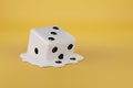 Melted white dice on yellow background. 3d illustration