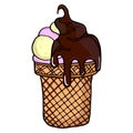 Melting balls of ice cream in a waffle cup isolated on a white background. Vector flat outline icons