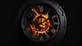 Melting black clock on fire. dark background