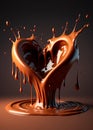 Melting chocolate heart. Dripping, oozing, splashing chocolate. Valentine`s day concept. Ai generative