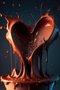 Melting brown chocolate heart. Dripping, oozing, splashing chocolate. Valentine`s day concept. Ai generative