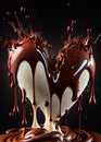 Melting brown chocolate over white heartshaped cookie. Dripping, oozing, splashing chocolate. Valentine`s day concept. Ai