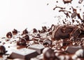 Melting Chocolate Chunks Splashing with Liquid Chocolate on White Background Royalty Free Stock Photo