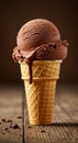 Melting Chocolate Ice Cream Cone on Wooden Table Royalty Free Stock Photo