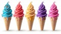 Melting colourful ice cream in the waffle cones on white background