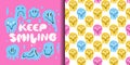 Melting faces. Keep smiling phrase. Blue groovy emoji, dripping melty funny character and lettering, 70s hippie psychedelic card