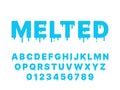 Melting font. Blue liquid, flowing english alphabet with drops and drips, thawing latin letters and numbers, fluid