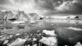 A melting glacier with dark gray water pooling at its base and chunks of ice floating nearby. The image is a somber