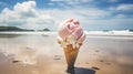 Melting ice cream on beach in summer hot weather ocean landscape nature vacation. AI Generative Royalty Free Stock Photo