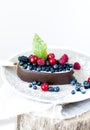 Melting ice cream with chocolate glaze and berries. Royalty Free Stock Photo