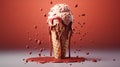 melting ice cream cone with chocolate syrup and cranberry isolated on pink background