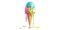 A melting ice cream cone, with colorful scoops dripping down the sides, suspended against a clean white background.