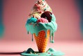 Melting ice cream cone with sweet toppings on minimal studio background. Summer food and fun concept. Digital art illustration