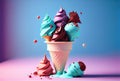 Melting ice cream cone with sweet toppings on minimal studio background. Summer food and fun concept. Digital art illustration