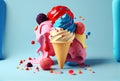 Melting ice cream cone with sweet toppings on minimal studio background. Summer food and fun concept. Digital art illustration