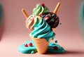 Melting ice cream cone with sweet toppings on minimal studio background. Summer food and fun concept. Digital art illustration