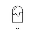 Melting ice cream, eskimo pie. Linear icon of Popsicle. Black simple illustration of ice lolly with flowing icing. Summer dessert