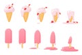 Melting ice cream set of animation sequence, sundae in waffle cone and pink popsicle