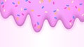 Melting ice cream sprinkled with icing 3d pink border isolated on a white background Sweet delicacy Vector