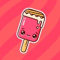 Melting ice cream on a stick on pink background. Eskimo pie sticker. Vector flat outline icon.