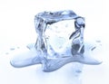 Melting Ice Cube on white glossy background Royalty Free Stock Photo