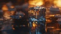 Melting ice cube reflection indoor setting macro photography warm lighting close-up fluidity and transience