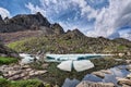 Melting ice floes on a small mountain lake