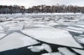 Melting ice floes on surface of river in twilight Royalty Free Stock Photo