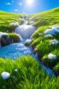 Ice thawing, green grass, and sunlight - Spring\'s awakening, revival