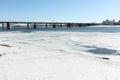 Melting ice on the Ob River in the spring, Communal bridge, Novosibirsk, Russia Royalty Free Stock Photo