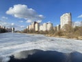 Melting of ice on Pekhorka river in March. Moscow region, Balashikha city, Zarechnaya Street