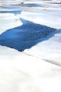 Melting ice sheets on deep blue water, broken up